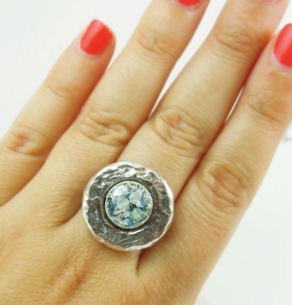 Rings - Heavy Silver And Roman Glass Hammered Large Ring