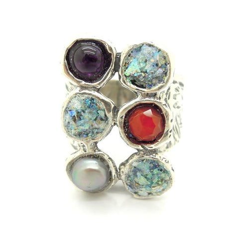 Rings - Hematite, Pearl And Carneal Large Silver Ring With Glass