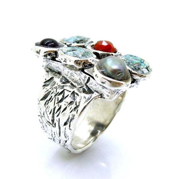 Rings - Hematite, Pearl And Carneal Large Silver Ring With Glass