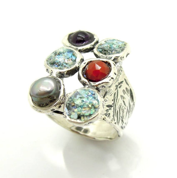 Rings - Hematite, Pearl And Carneal Large Silver Ring With Glass