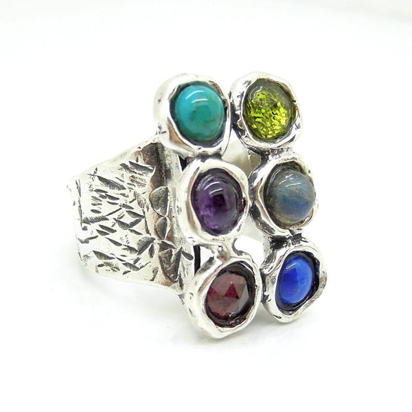 Rings - Hematite, Pearl And Carneal Large Silver Ring With Glass