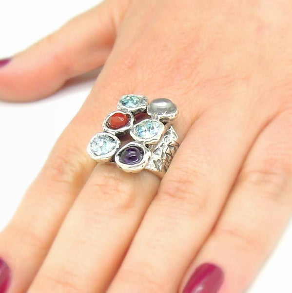 Rings - Hematite, Pearl And Carneal Large Silver Ring With Glass