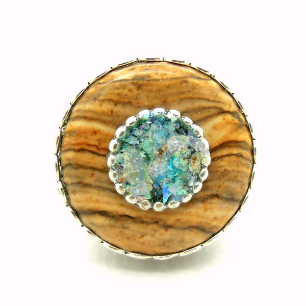Rings - Jasper Picture Ring Set In Sterling Silver And Roman Glass