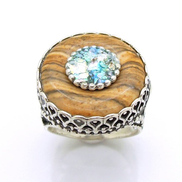 Rings - Jasper Picture Ring Set In Sterling Silver And Roman Glass