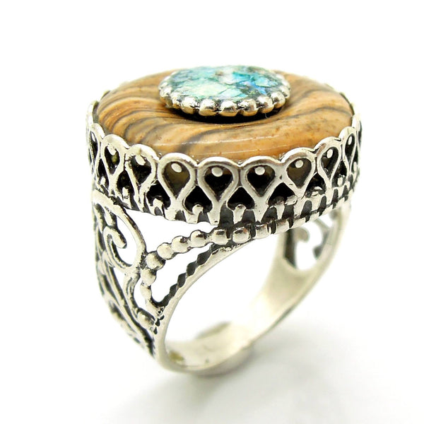 Rings - Jasper Picture Ring Set In Sterling Silver And Roman Glass