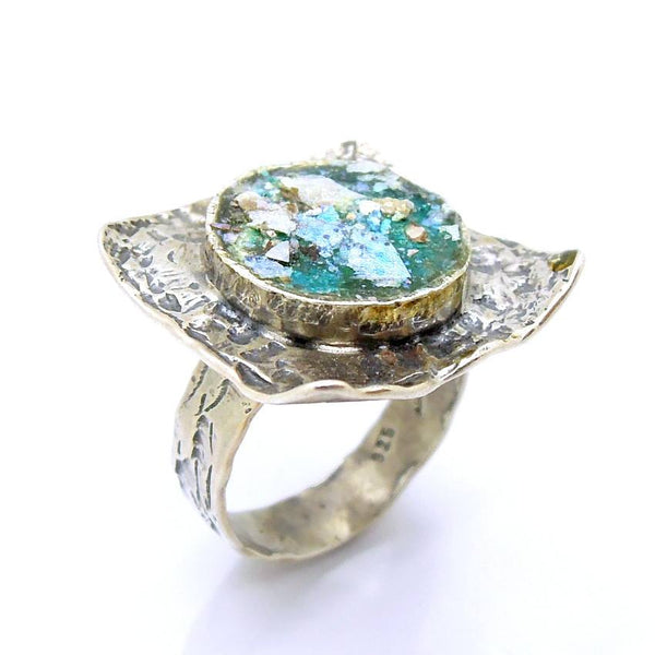 Rings - Large & Curvy Silver Ring With Roman Glass In The Center