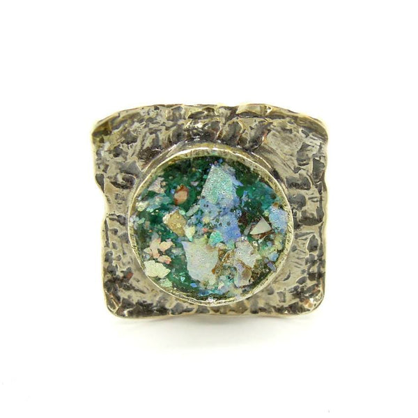 Rings - Large & Curvy Silver Ring With Roman Glass In The Center