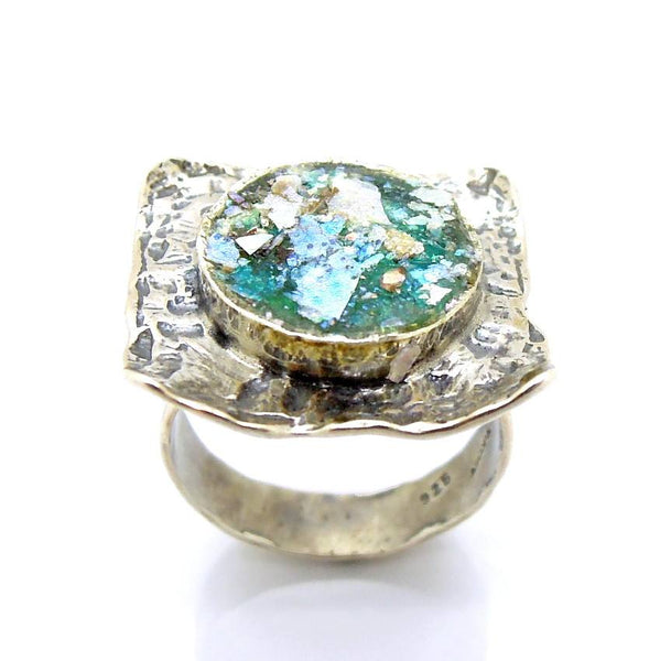 Rings - Large & Curvy Silver Ring With Roman Glass In The Center