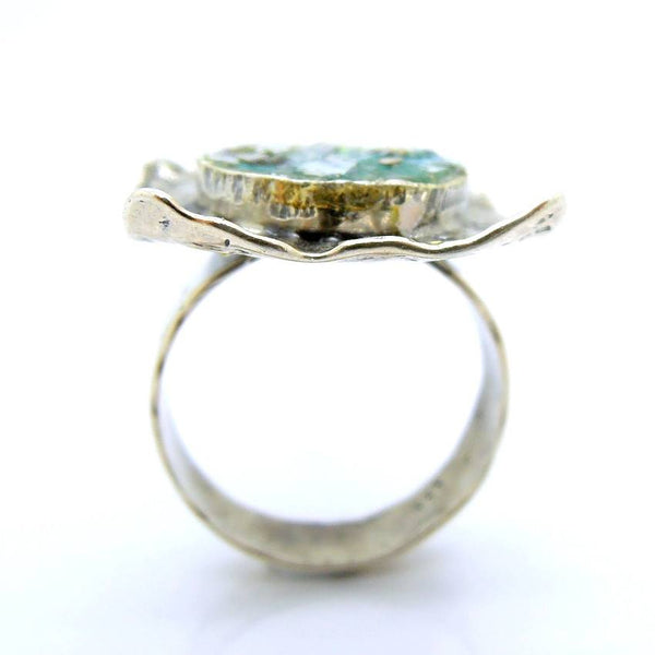 Rings - Large & Curvy Silver Ring With Roman Glass In The Center