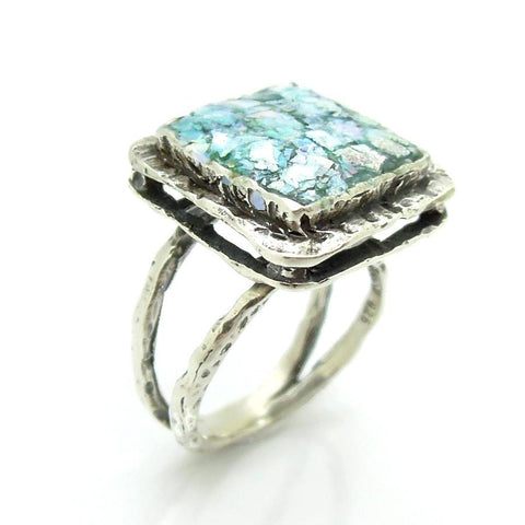 Rings - Large Layer Silver & Roman Glass Square Ring