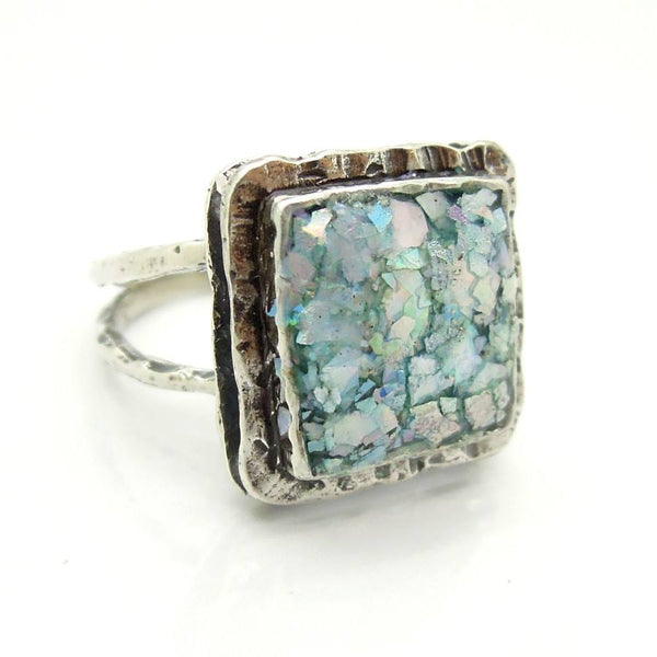 Rings - Large Layer Silver & Roman Glass Square Ring