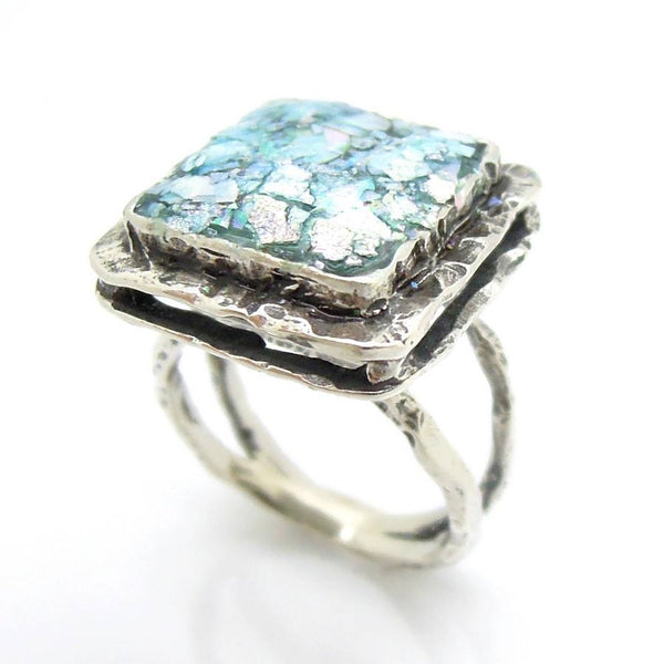 Rings - Large Layer Silver & Roman Glass Square Ring