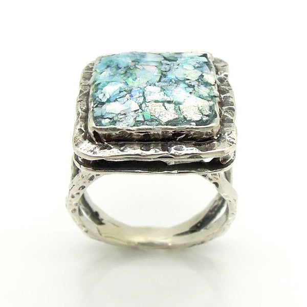 Rings - Large Layer Silver & Roman Glass Square Ring