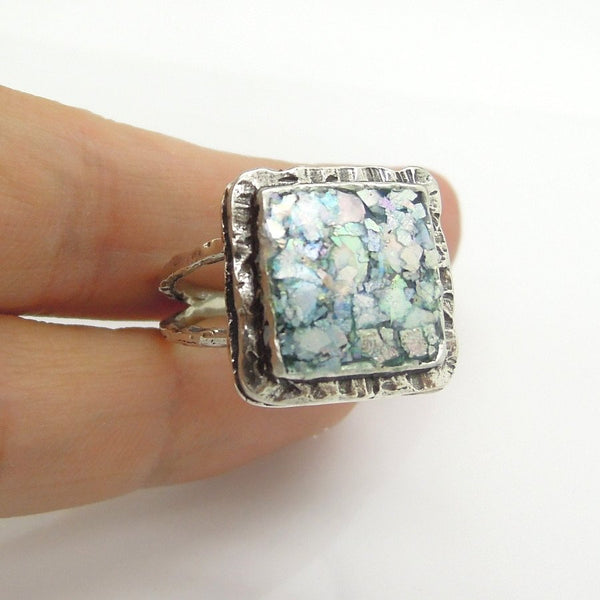 Rings - Large Layer Silver & Roman Glass Square Ring