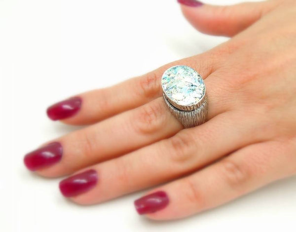 Rings - Large Oval Silver Roman Glass Unisex Ring