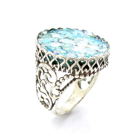 Rings - Large Round Filigree Roman Glass Sterling Ring