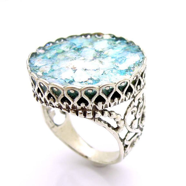 Rings - Large Round Filigree Roman Glass Sterling Ring