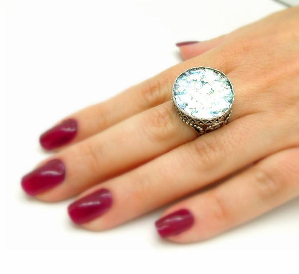 Rings - Large Round Filigree Roman Glass Sterling Ring