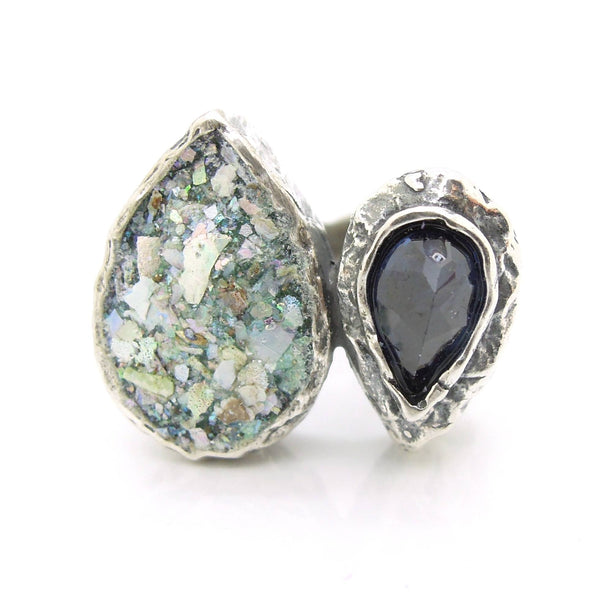 Rings - Large Silver Ring With Drop Shaped Roman Glass & Purple Zircon