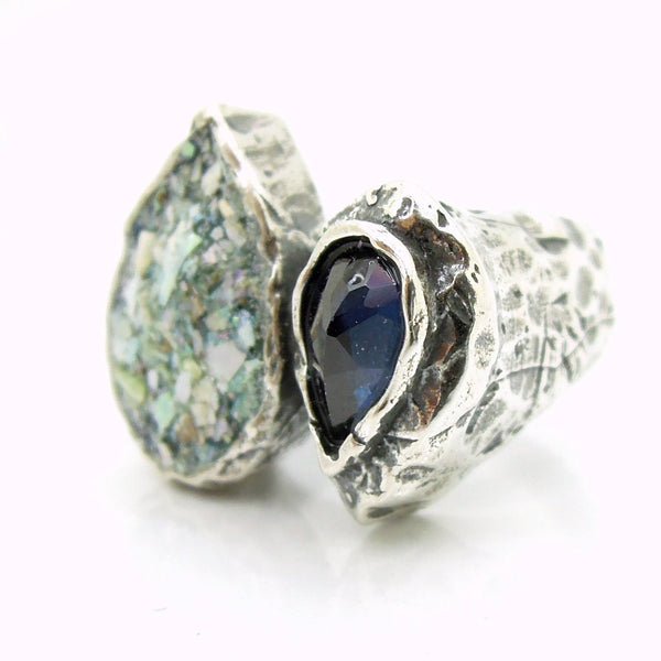 Rings - Large Silver Ring With Drop Shaped Roman Glass & Purple Zircon