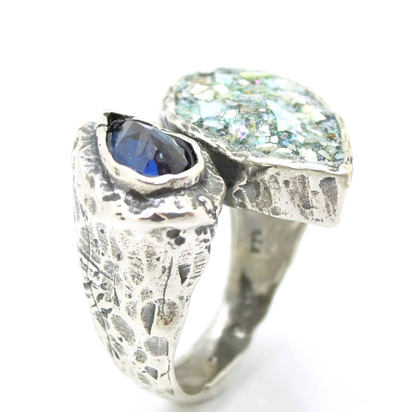 Rings - Large Silver Ring With Drop Shaped Roman Glass & Purple Zircon