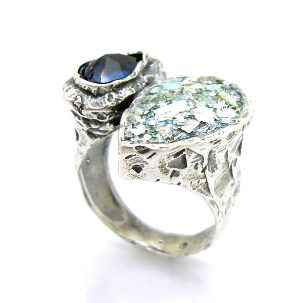 Rings - Large Silver Ring With Drop Shaped Roman Glass & Purple Zircon