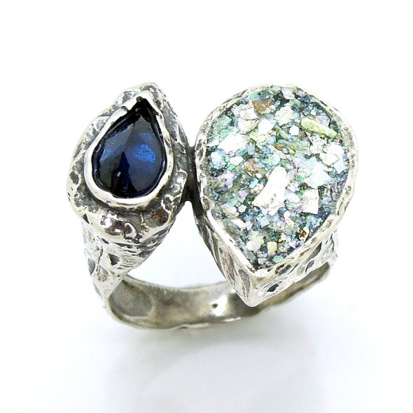 Rings - Large Silver Ring With Drop Shaped Roman Glass & Purple Zircon