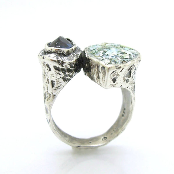 Rings - Large Silver Ring With Drop Shaped Roman Glass & Purple Zircon