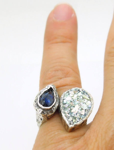 Rings - Large Silver Ring With Drop Shaped Roman Glass & Purple Zircon