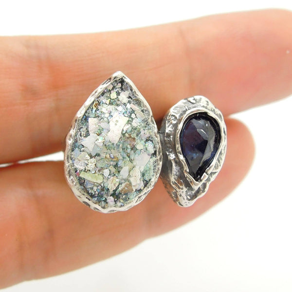 Rings - Large Silver Ring With Drop Shaped Roman Glass & Purple Zircon