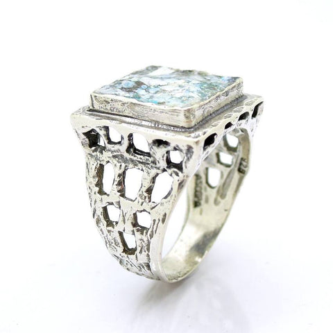 Rings - Large, Square And Holes Silver And Roman Glass Ring