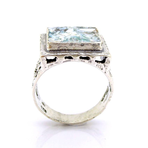 Rings - Large, Square And Holes Silver And Roman Glass Ring