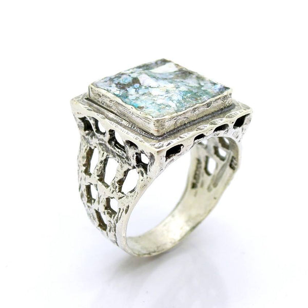 Rings - Large, Square And Holes Silver And Roman Glass Ring
