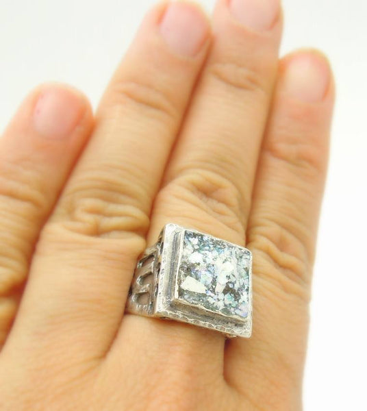 Rings - Large, Square And Holes Silver And Roman Glass Ring