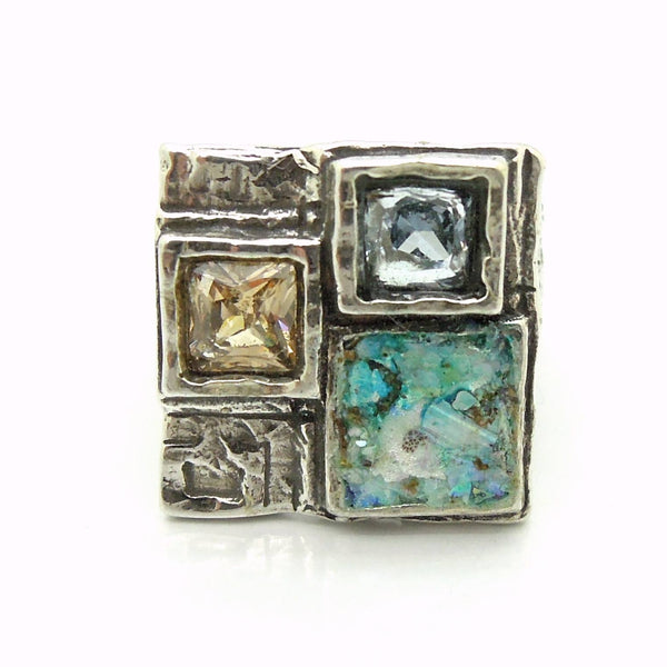Rings - Large Square Silver Ring With Zircon & Roman Glass