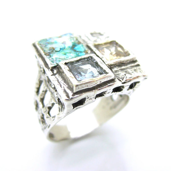 Rings - Large Square Silver Ring With Zircon & Roman Glass