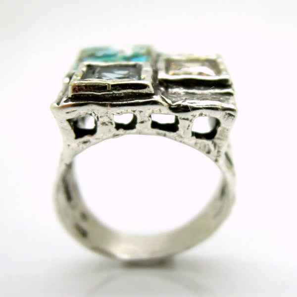 Rings - Large Square Silver Ring With Zircon & Roman Glass