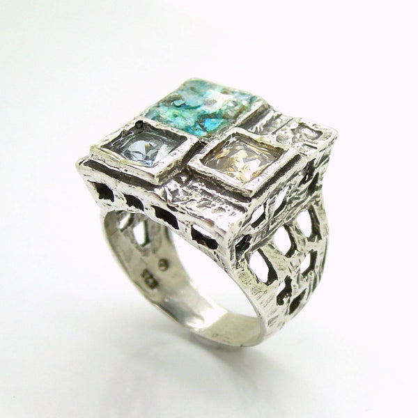 Rings - Large Square Silver Ring With Zircon & Roman Glass