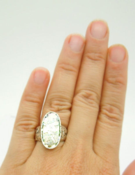 Rings - Oval Hammered Silver And Glass Ring