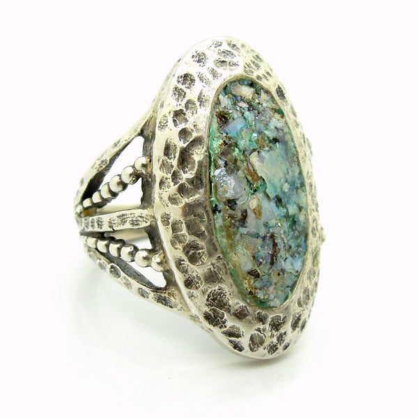 Rings - Oval Ring, Hammered Sterling Silver With Roman Glass
