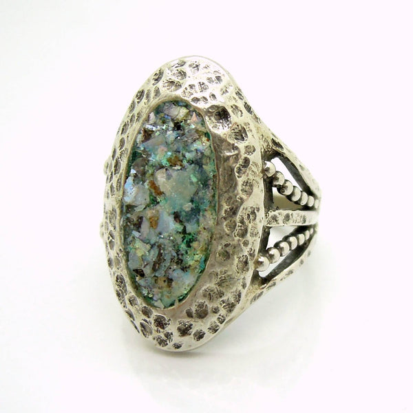Rings - Oval Ring, Hammered Sterling Silver With Roman Glass
