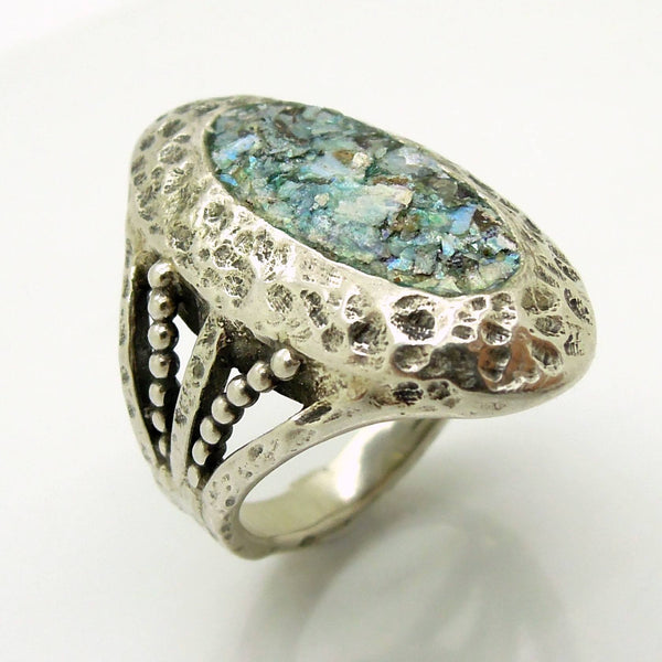 Rings - Oval Ring, Hammered Sterling Silver With Roman Glass