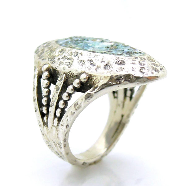 Rings - Oval Ring, Hammered Sterling Silver With Roman Glass