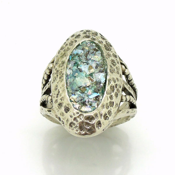 Rings - Oval Ring, Hammered Sterling Silver With Roman Glass