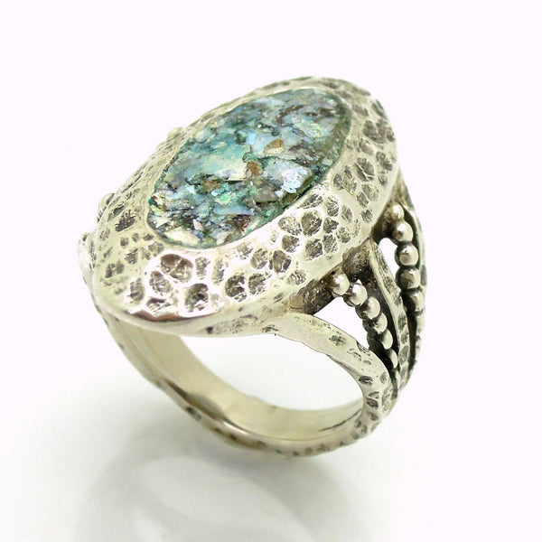 Rings - Oval Ring, Hammered Sterling Silver With Roman Glass