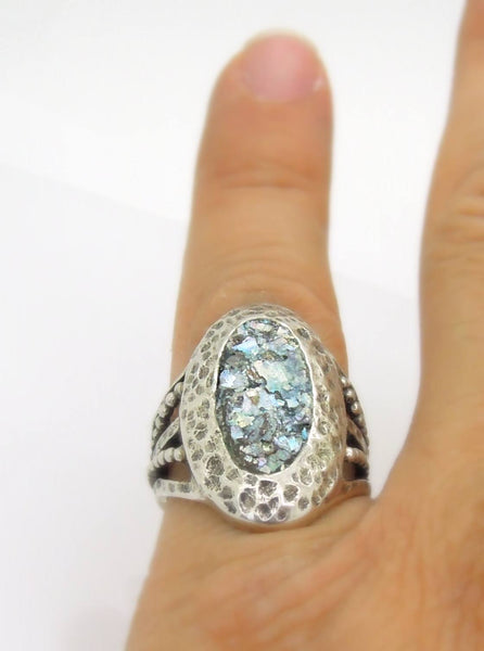 Rings - Oval Ring, Hammered Sterling Silver With Roman Glass