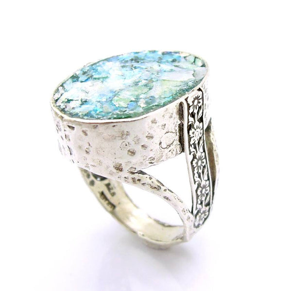 Rings - Oval Silver And Roman Glass Large Ring With Flowers