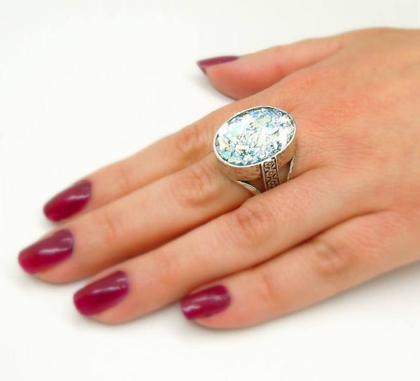 Rings - Oval Silver And Roman Glass Large Ring With Flowers