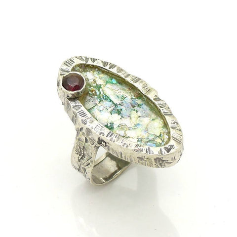 Rings - Oval Silver And Roman Glass Ring With A Garnet