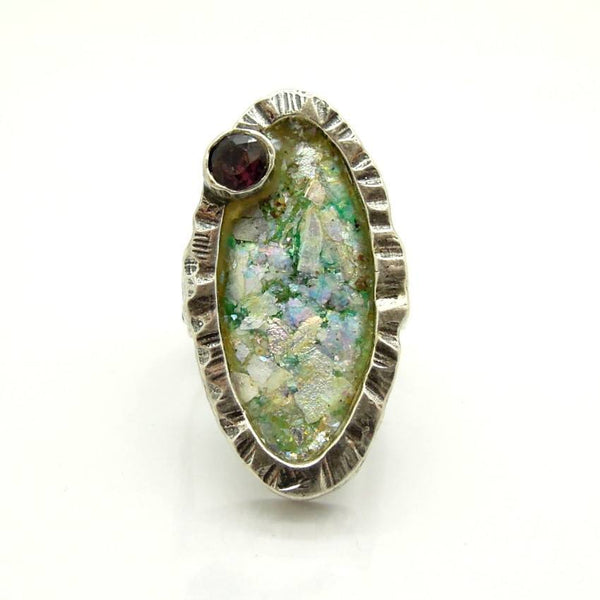 Rings - Oval Silver And Roman Glass Ring With A Garnet